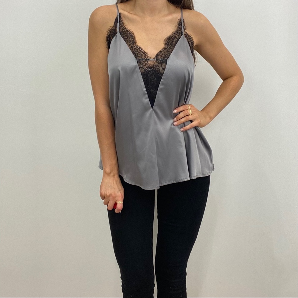 Satin Lace Trimmed V-Neck Cami - Picture 2 of 6
